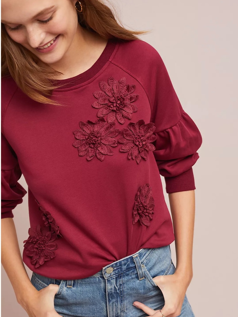 Anthropologie NWOT Blue Tassel Embroidered Floral Appliqué Sweatshirt Burgundy